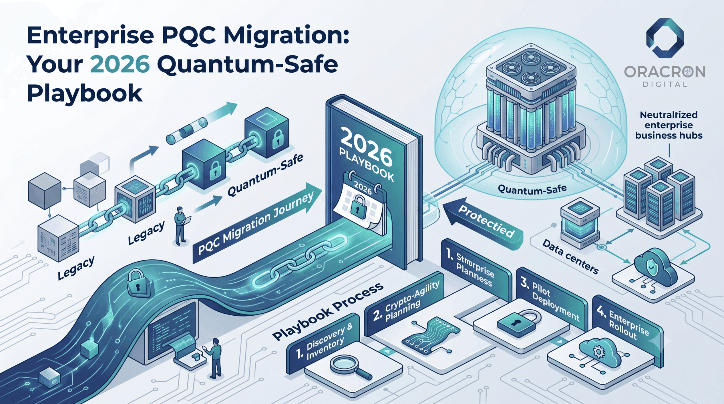 Enterprise PQC Migration: Your 2026 Quantum-Safe Playbook Enterprise Post-Quantum Cryptography Migration — editorial concept illustration for Oracron Digital